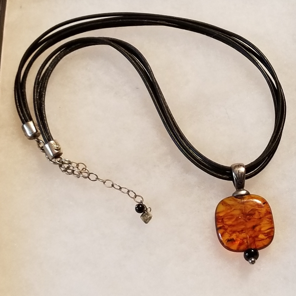 Silpada Sterling Silver, Leather & Amber Necklace